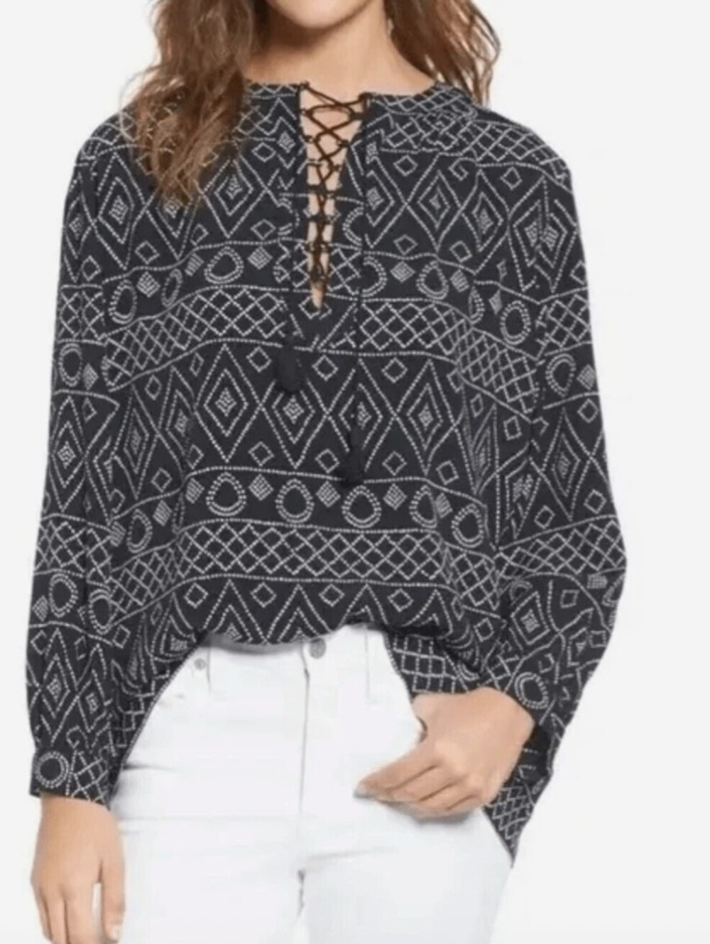 Madewell Dark Navy Blue Caravan Print Lace-Up Peasant Top - Size - Small